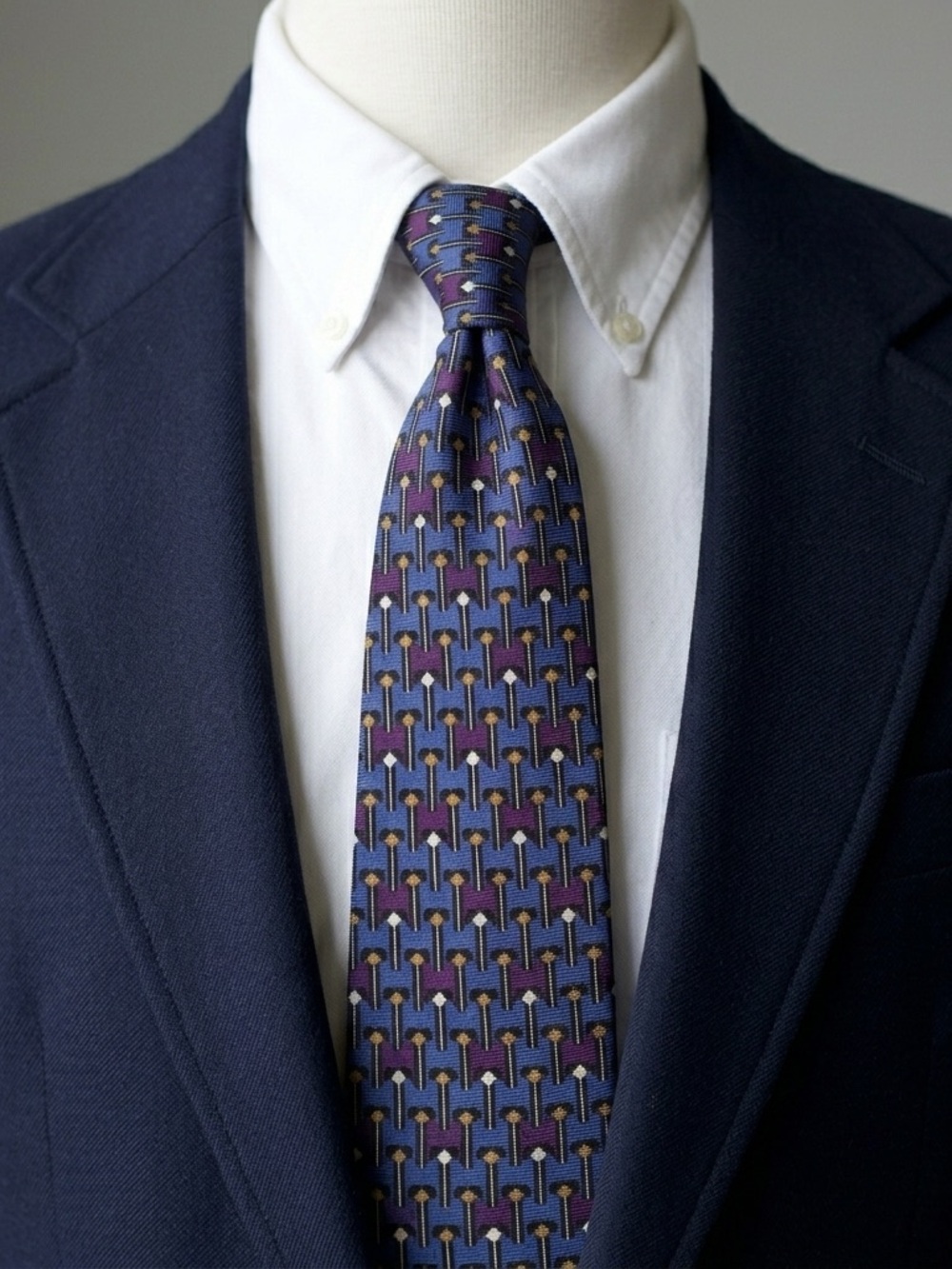 VTG Christian Dior Monsieur Silk Tie Blue Purple Geometric Foulard Made in USA